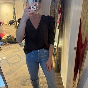 CROSBY by Mollie Burch Black V-Neck Blouse chocolate brown color VGUC